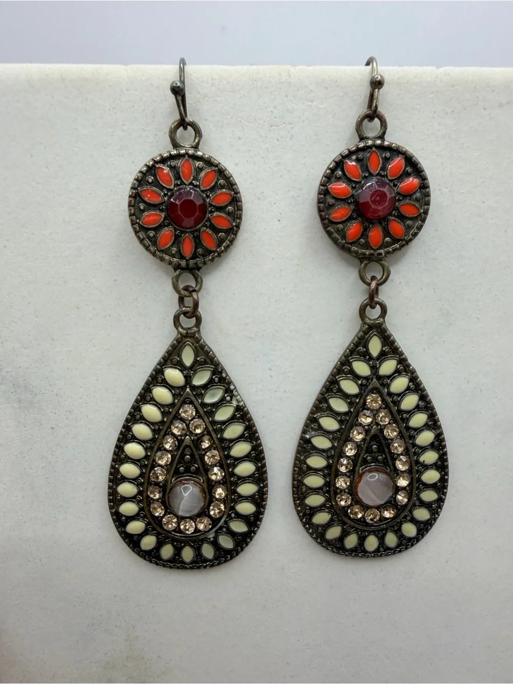 Boho Enamel Teardrop Earrings | Antique Bronze Orange & Cream Tribal Dangles